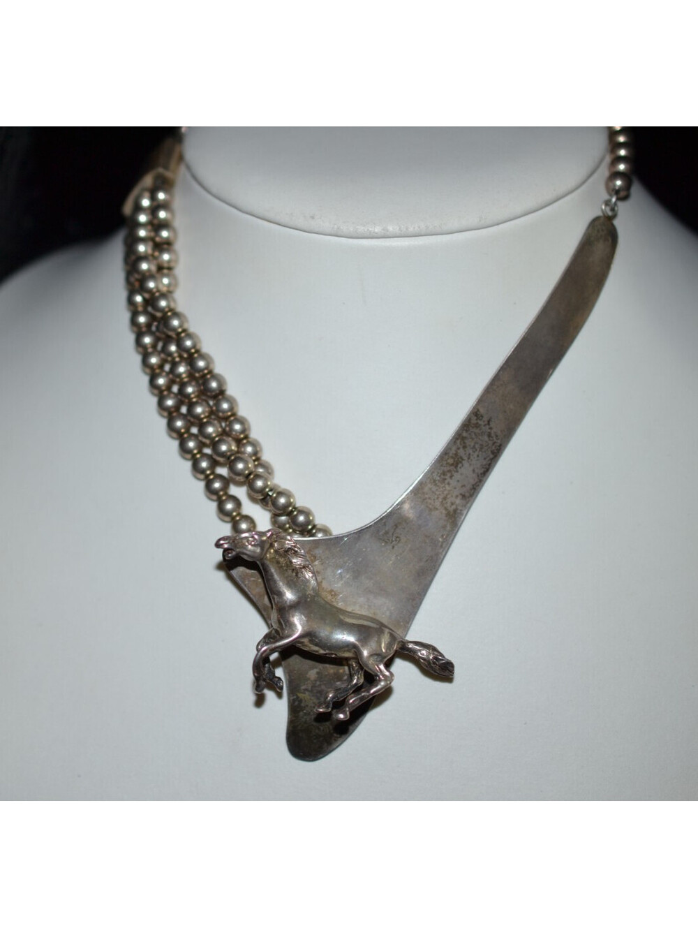 Vintage Sterling Silver Horse Equestrian Southwestern Beaded Necklace 16” 71g